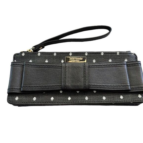 EUC Kate Spade Bow Becca Thin Wristlet Black Leather Pencil Case - Picture 1 of 6